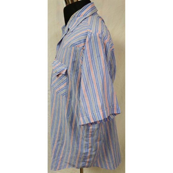 Plains Western Wear Mens Large Blue Red Stripe Pearl Snap Short Sleeve Shirt - Picture 5 of 11